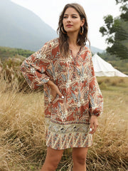 Bohemia Retro Floral Print Long Sleeves V-neck Casual Dress