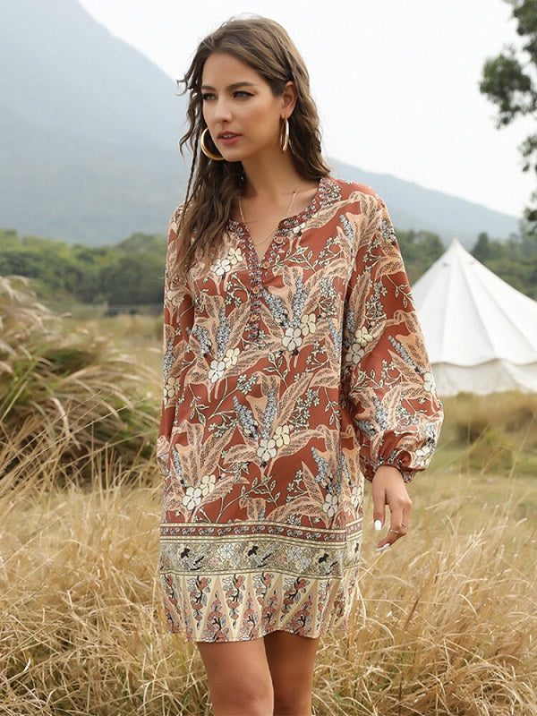 Bohemia Retro Floral Print Long Sleeves V-neck Casual Dress