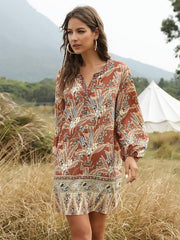 Bohemia Retro Floral Print Long Sleeves V-neck Casual Dress