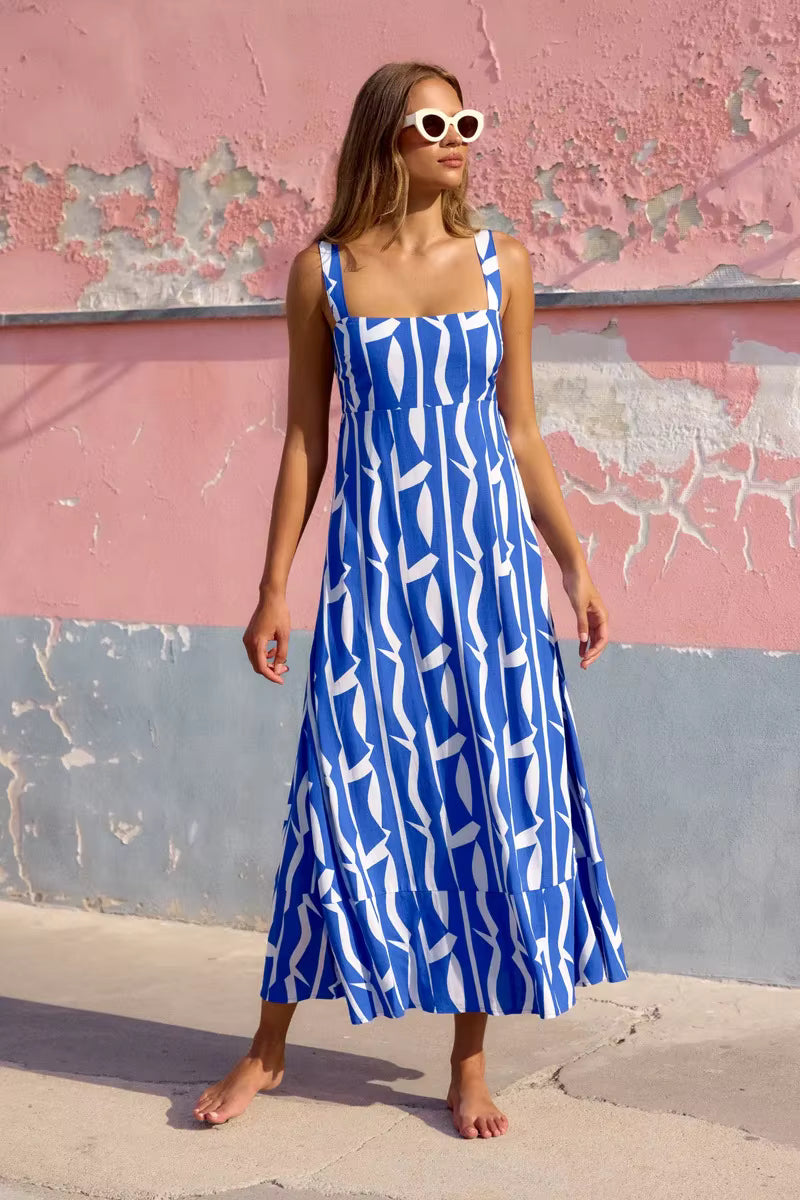 Casual Zippers A-line Color Blocked A-line Strap Ankle-Length Maxi Dress