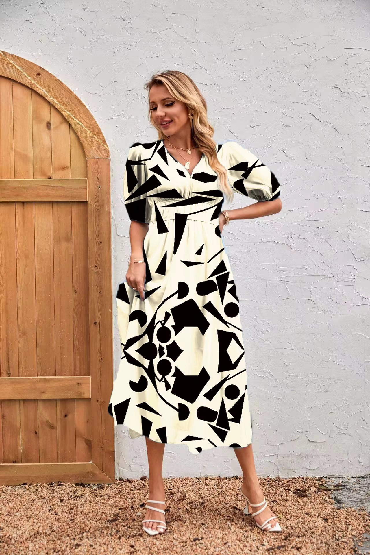Bohemian Asymmetrical Pullover V-Neck Beach Style Geometric Design Sundress