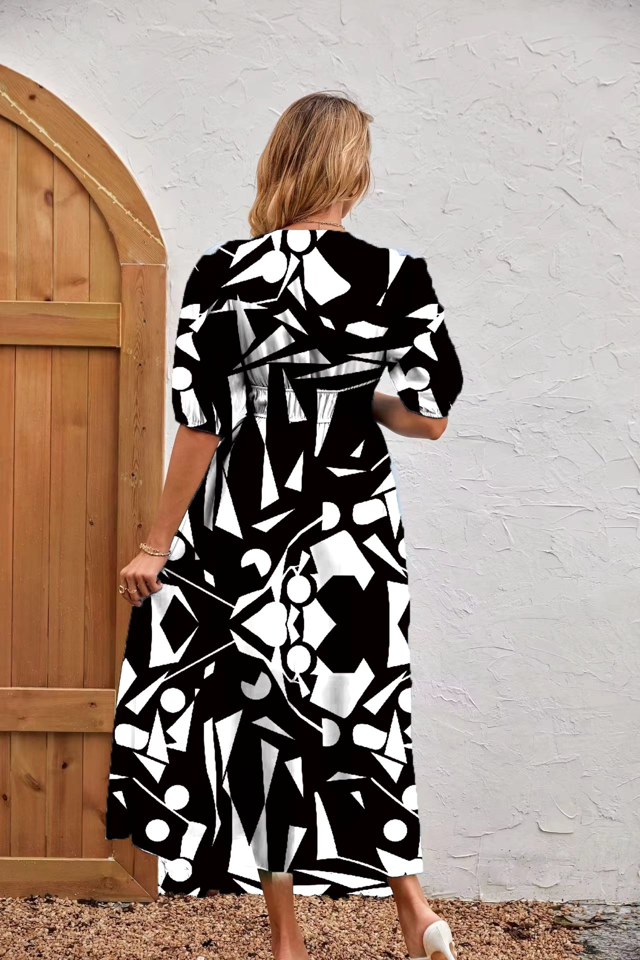 Bohemian Asymmetrical Pullover V-Neck Beach Style Geometric Design Sundress