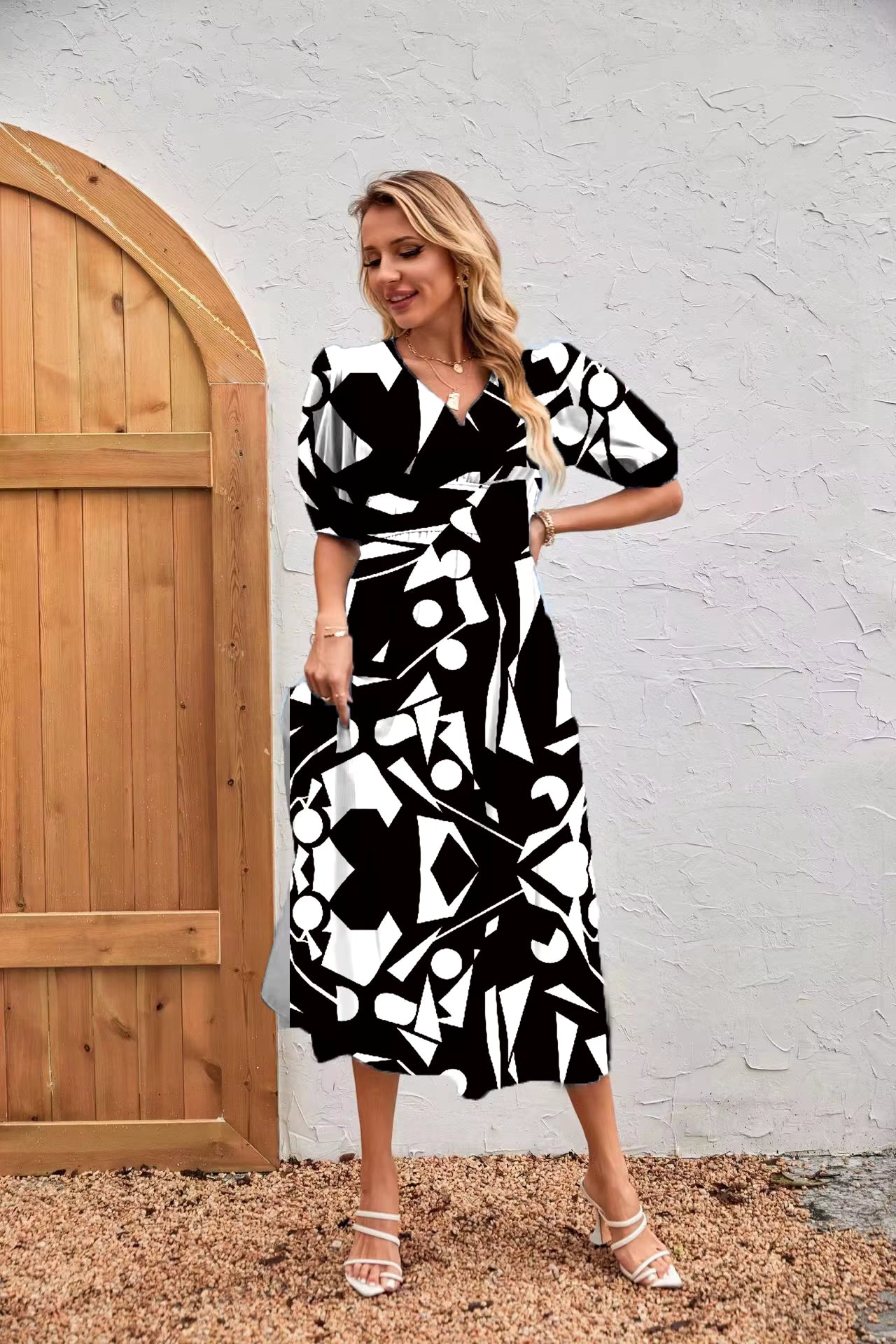 Bohemian Asymmetrical Pullover V-Neck Beach Style Geometric Design Sundress