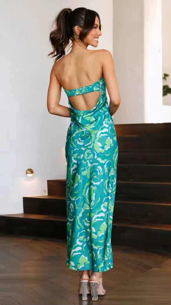 Casual Backless Strapless Flower Printed Ankle-Length Maxi Dress
