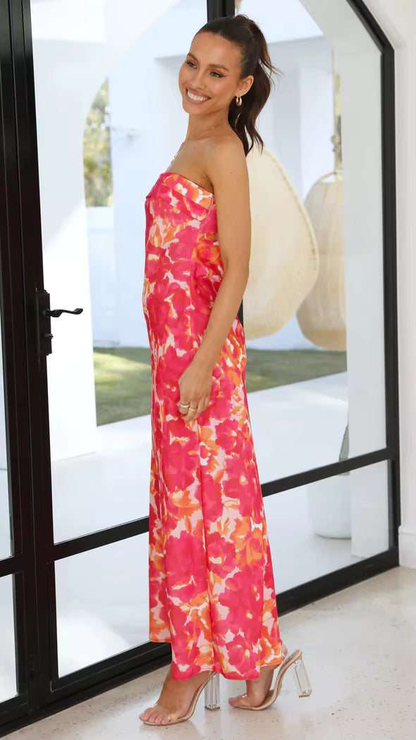 Casual Backless Strapless Flower Printed Ankle-Length Maxi Dress