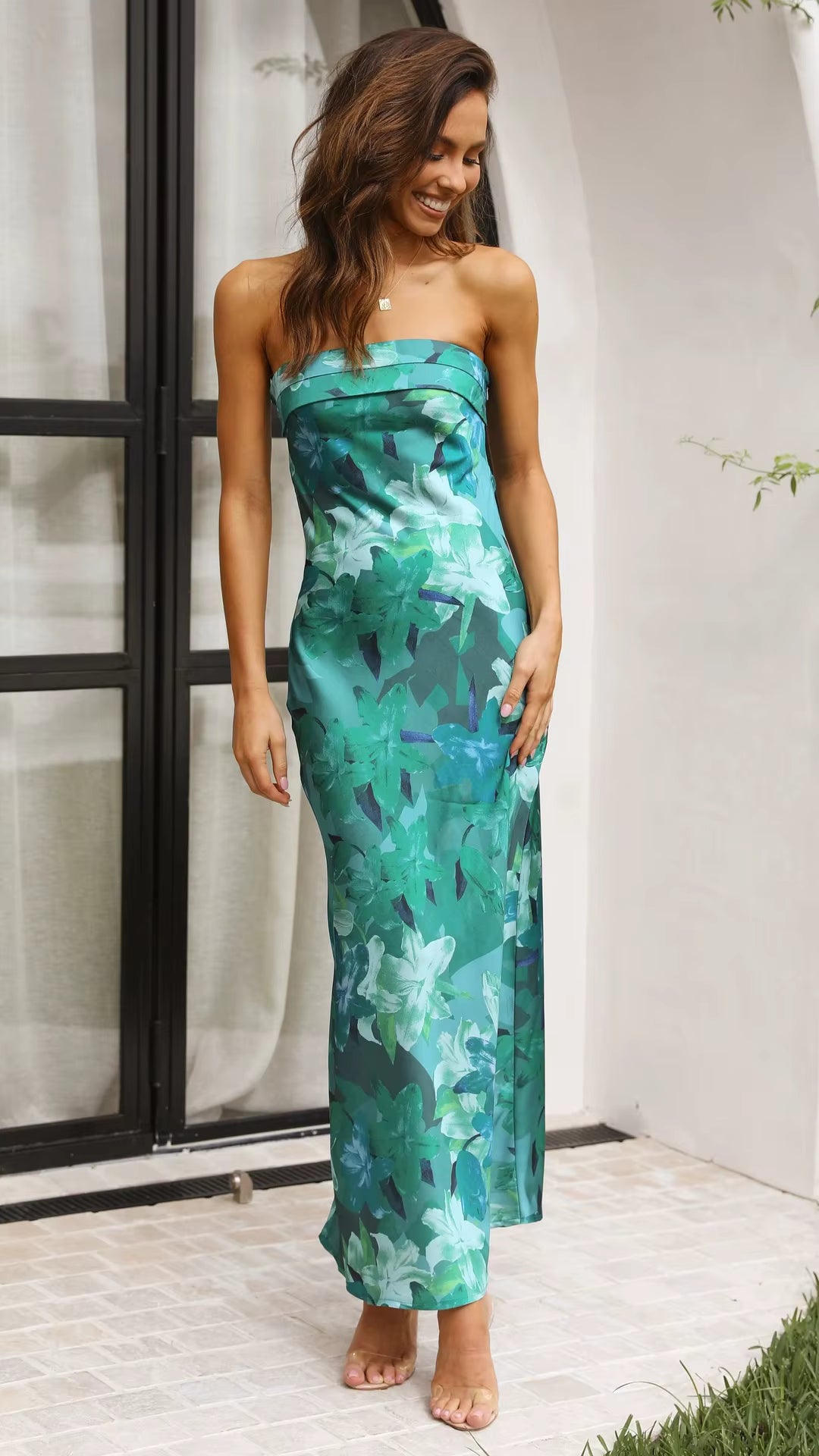 Bohemian Backless Strapless Flower Printed Ankle-Length Maxi Dress