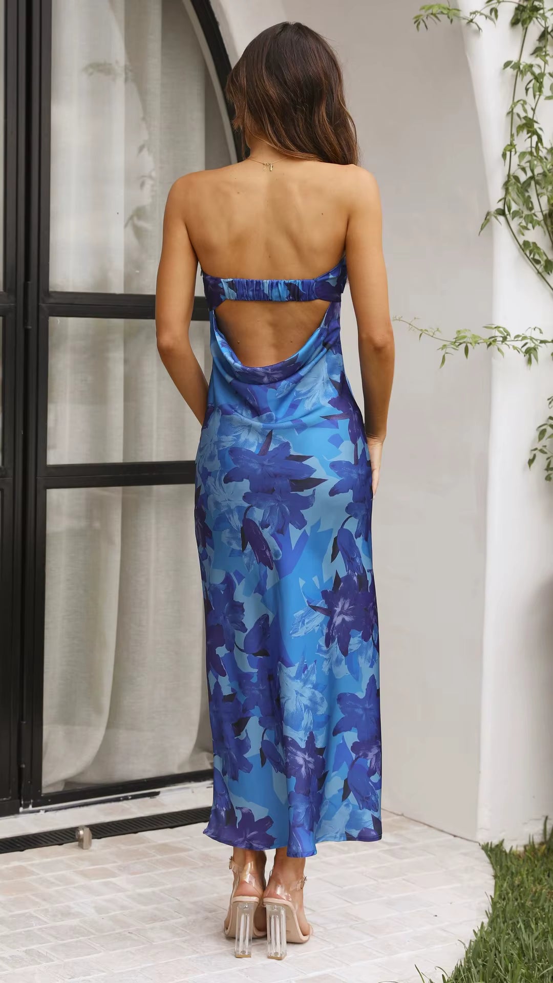 Bohemian Backless Strapless Flower Printed Ankle-Length Maxi Dress