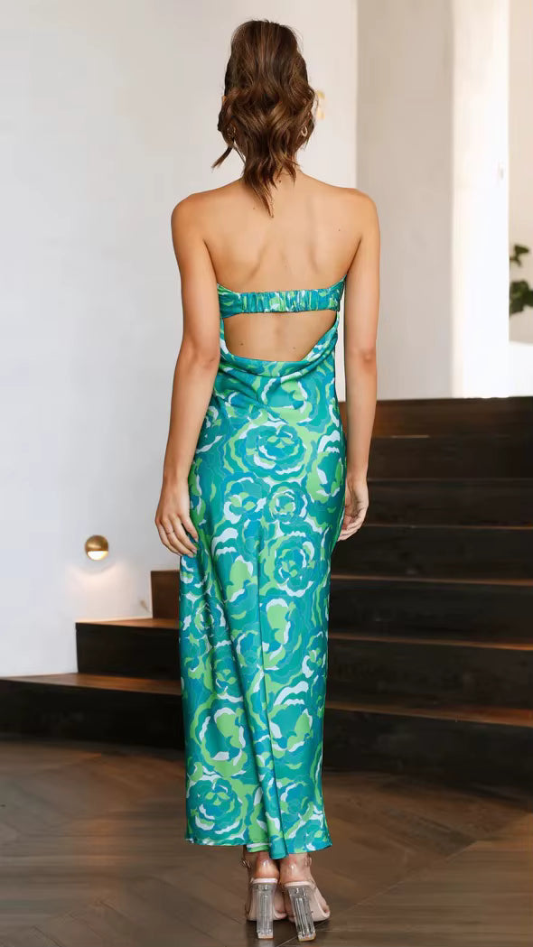 Casual Backless Strapless Flower Printed Ankle-Length Maxi Dress