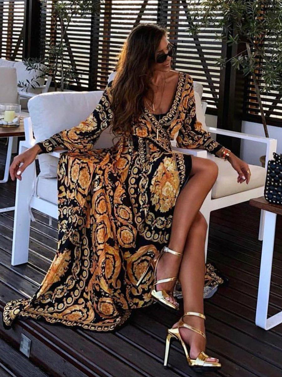 Bohemian Beach Style Full Sleeves Printed V-Neck Slit Long Maxi Dress
