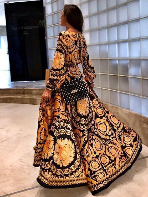 Bohemian Beach Style Full Sleeves Printed V-Neck Slit Long Maxi Dress