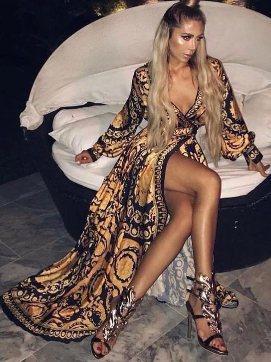 Bohemian Beach Style Full Sleeves Printed V-Neck Slit Long Maxi Dress