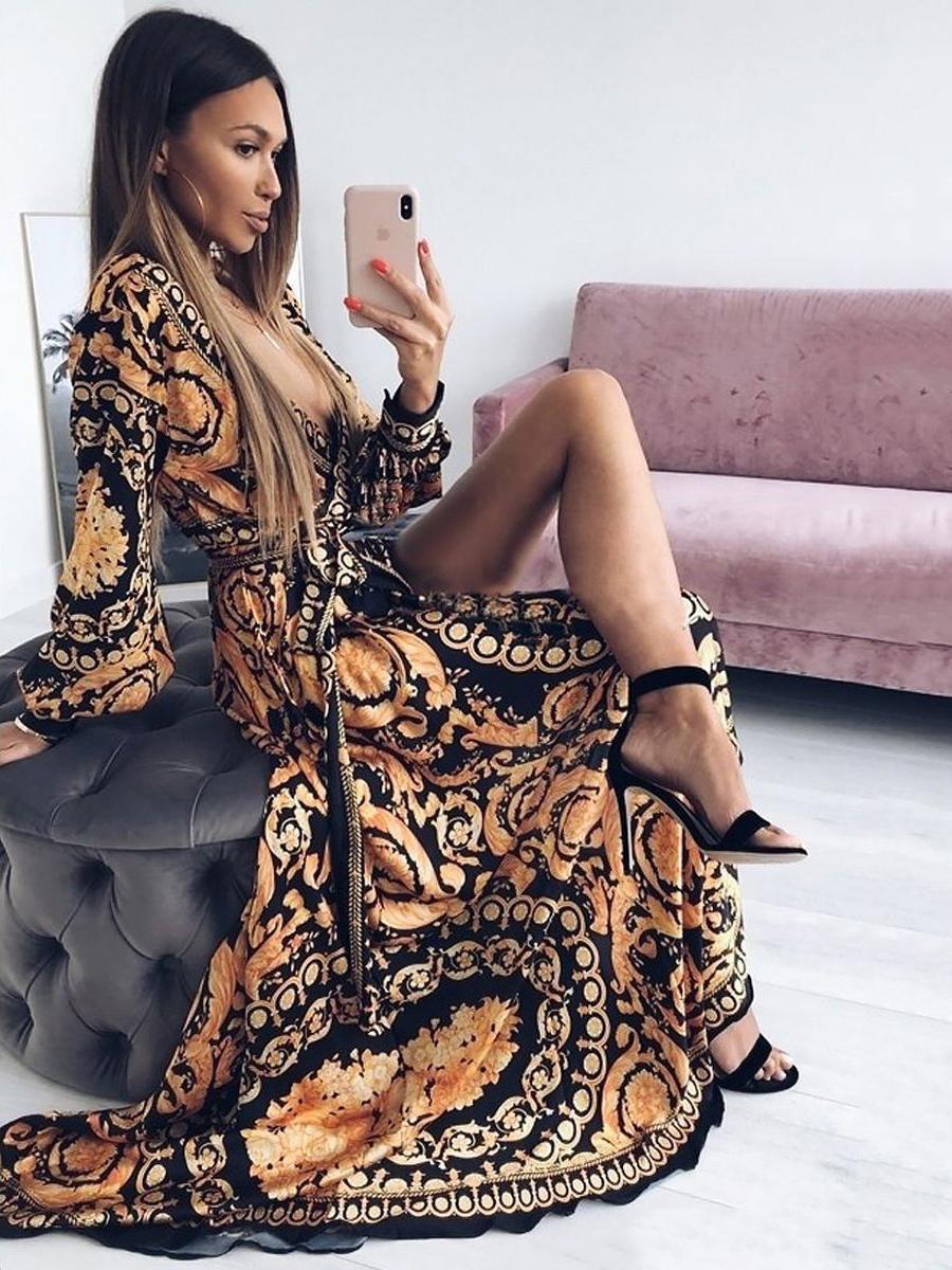 Bohemian Beach Style Full Sleeves Printed V-Neck Slit Long Maxi Dress