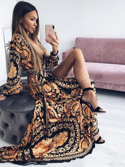 Bohemian Beach Style Full Sleeves Printed V-Neck Slit Long Maxi Dress