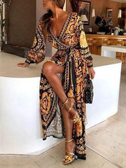 Bohemian Beach Style Full Sleeves Printed V-Neck Slit Long Maxi Dress