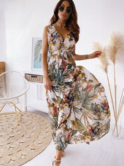 Bohemian Beach Style Sleeveless Printed V-Neck Floor Length Maxi Dress