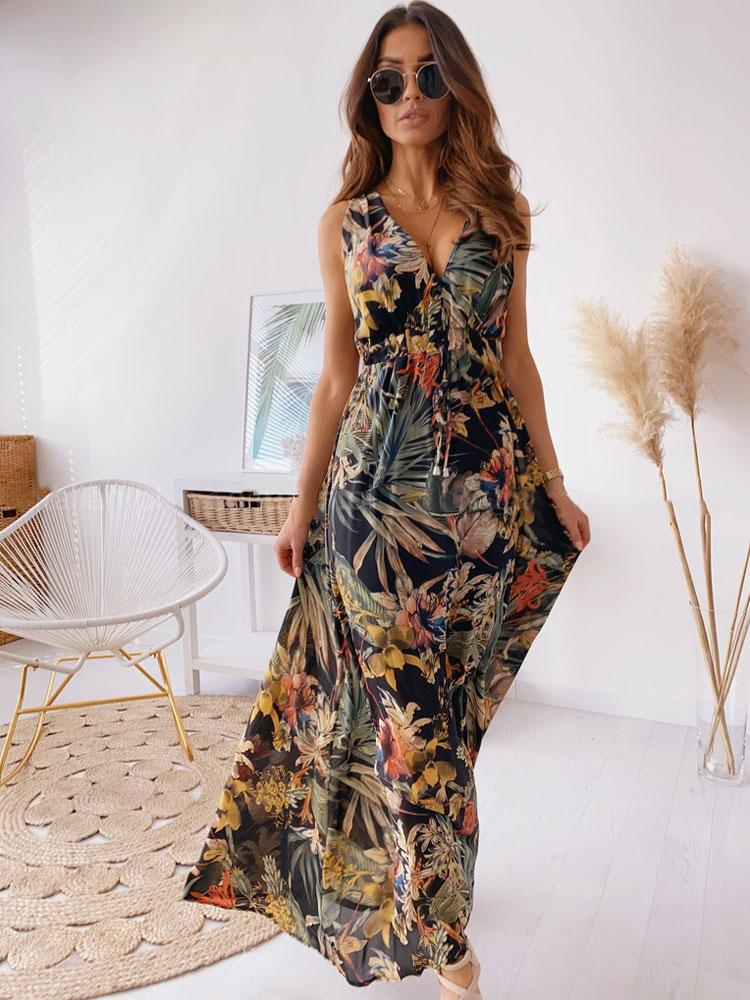 Bohemian Beach Style Sleeveless Printed V-Neck Floor Length Maxi Dress