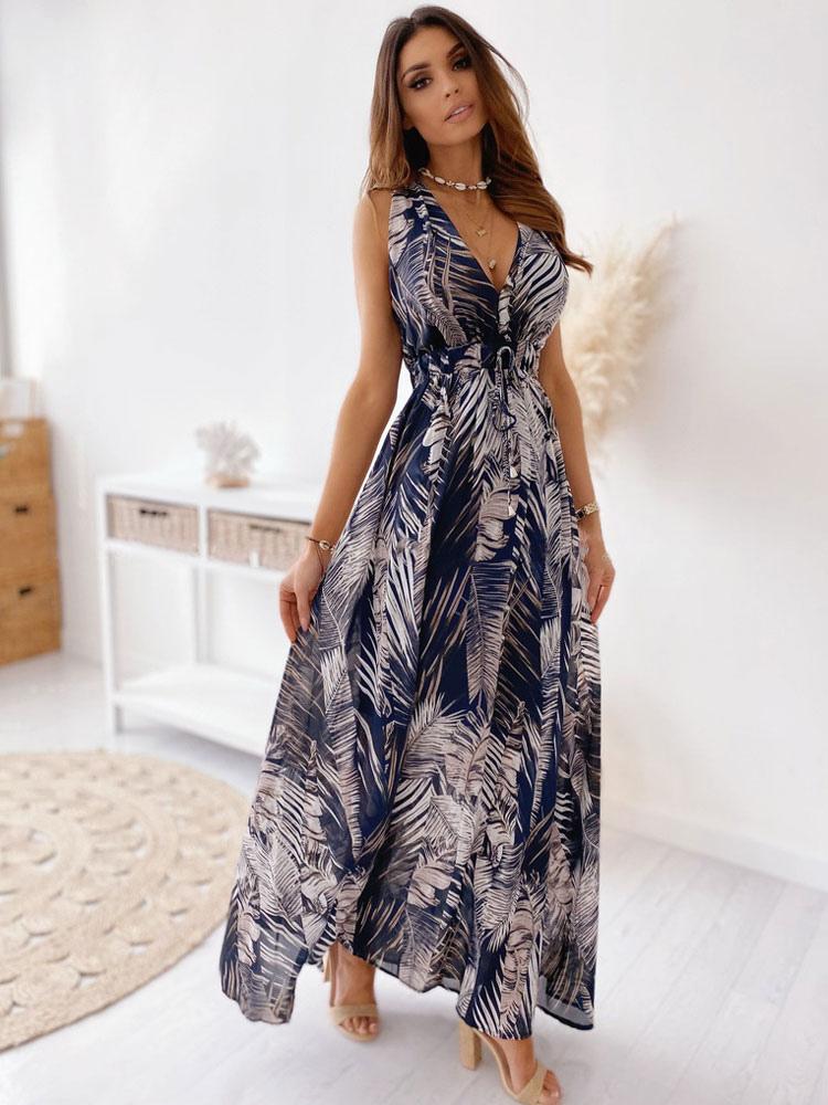 Bohemian Beach Style Sleeveless Printed V-Neck Floor Length Maxi Dress