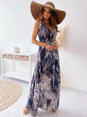 Bohemian Beach Style Sleeveless Printed V-Neck Floor Length Maxi Dress