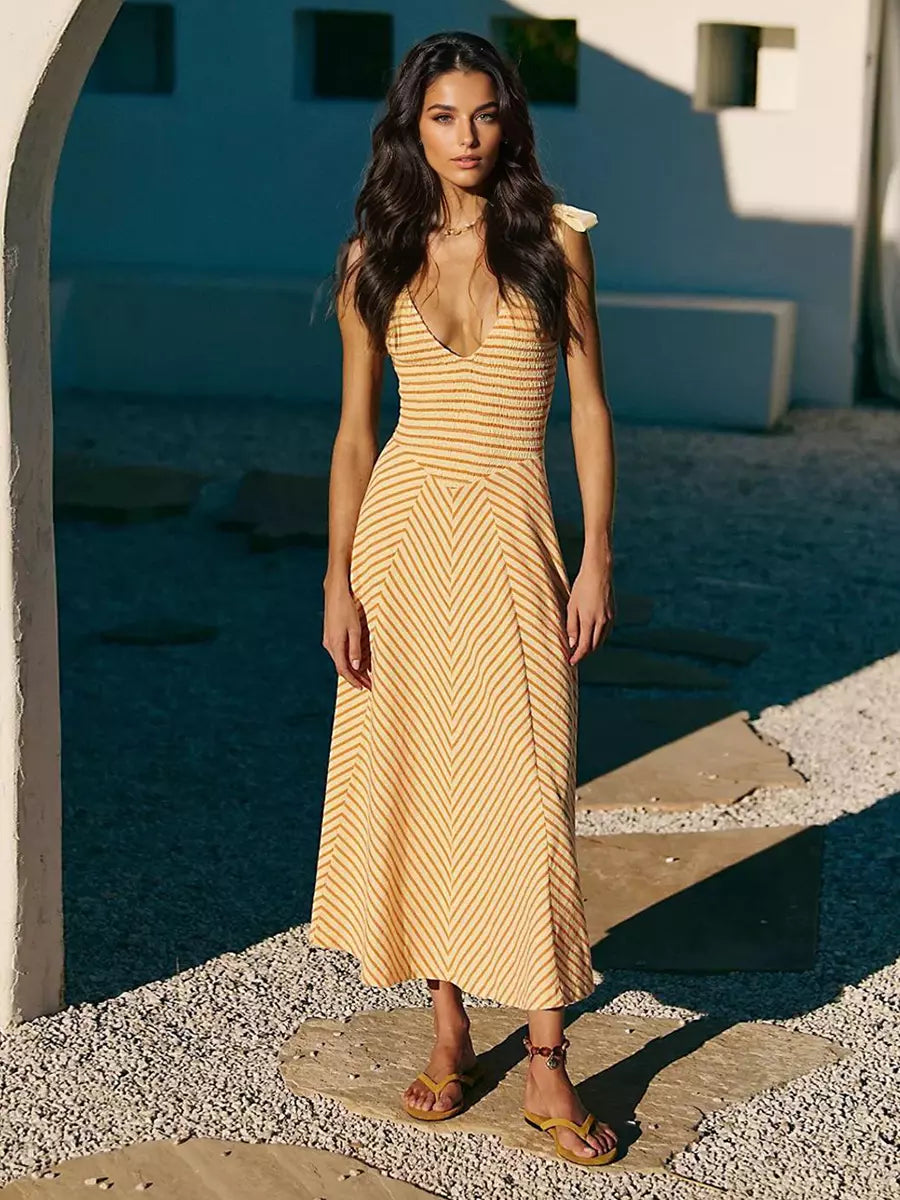 Bohemian Bows Design Polyester Striped V-Neck Long Maxi Dress
