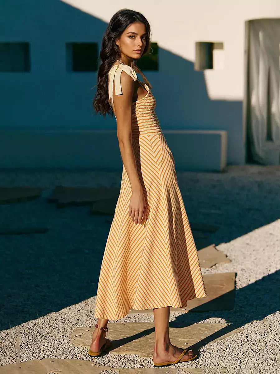 Bohemian Bows Design Polyester Striped V-Neck Long Maxi Dress