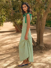 Bohemian Bows Design Polyester Striped V-Neck Long Maxi Dress