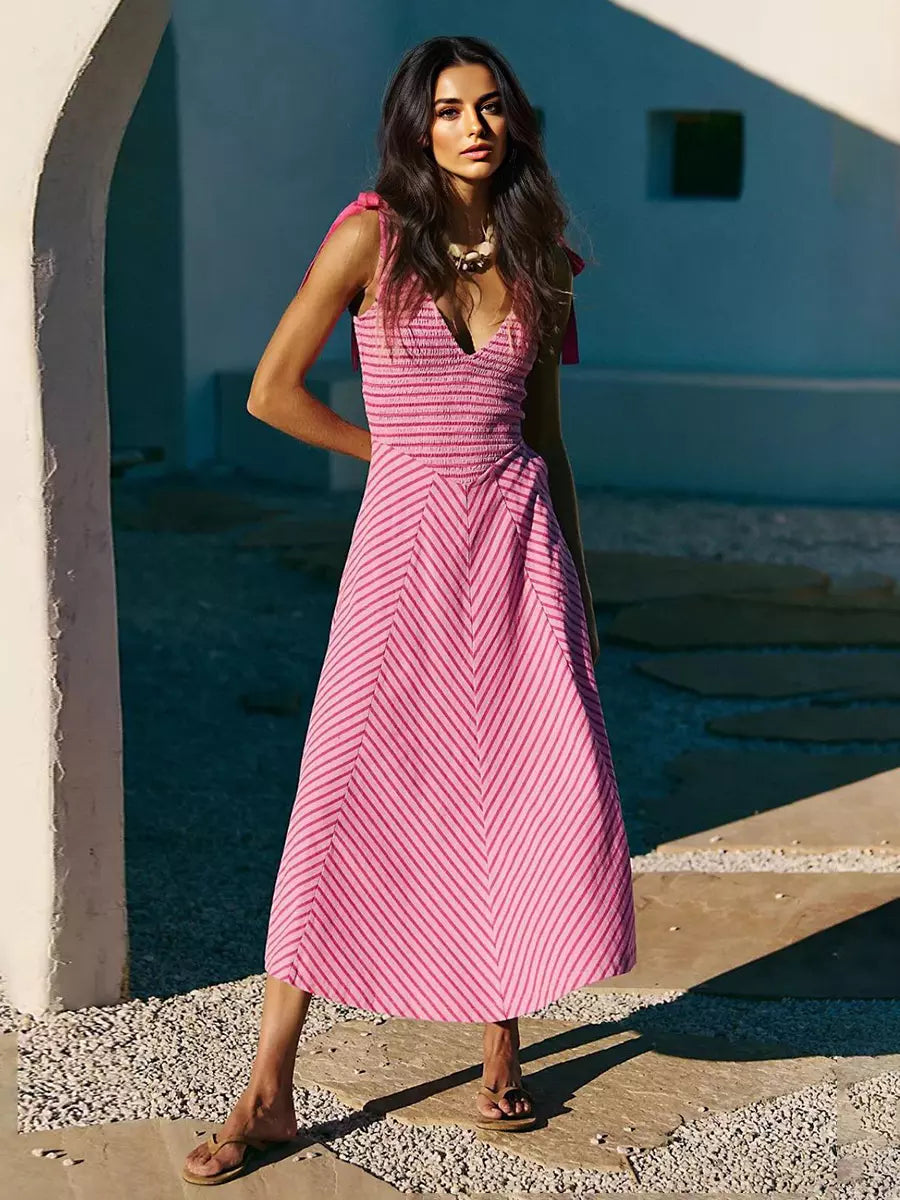 Bohemian Bows Design Polyester Striped V-Neck Long Maxi Dress