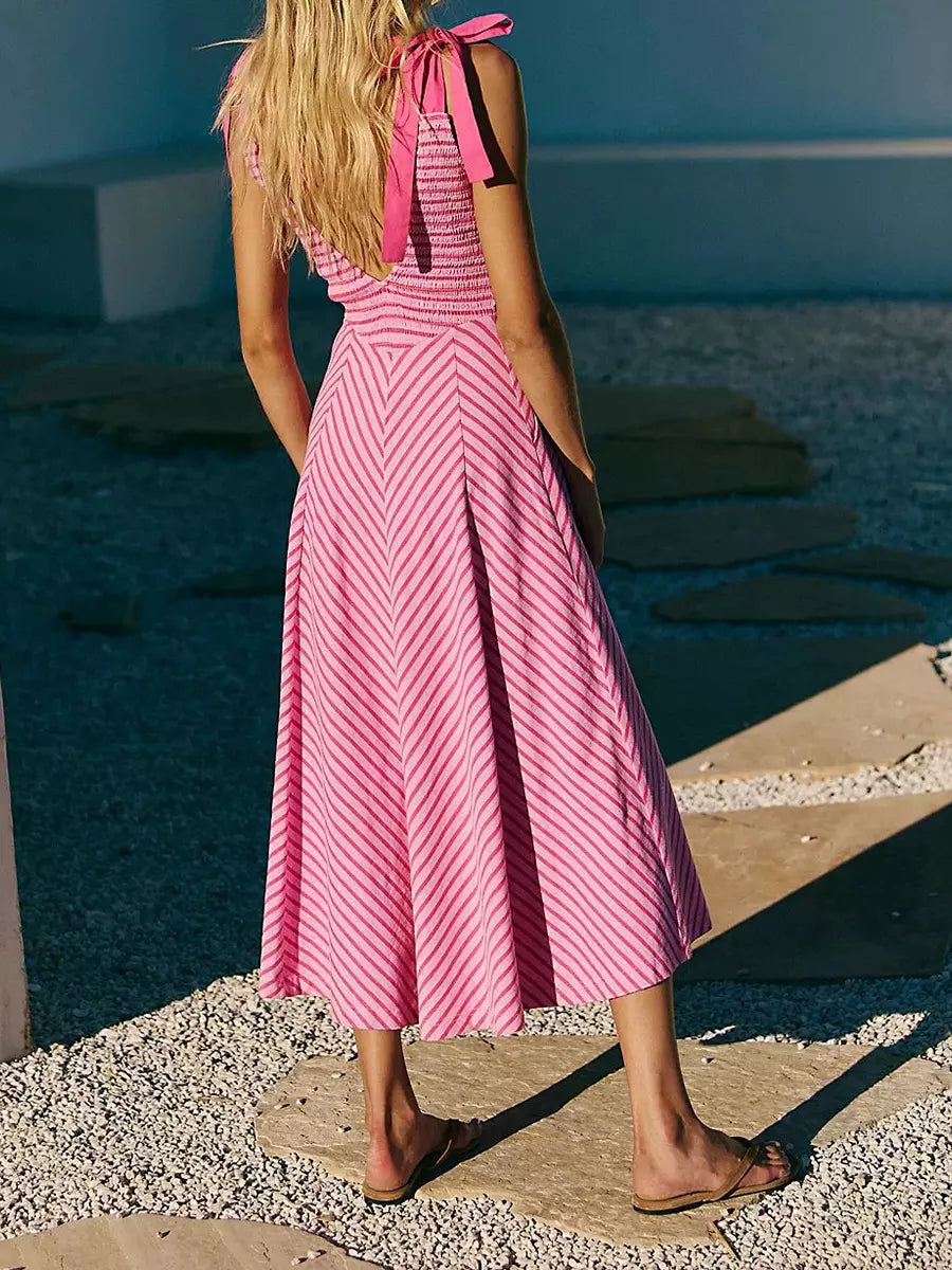 Bohemian Bows Design Polyester Striped V-Neck Long Maxi Dress