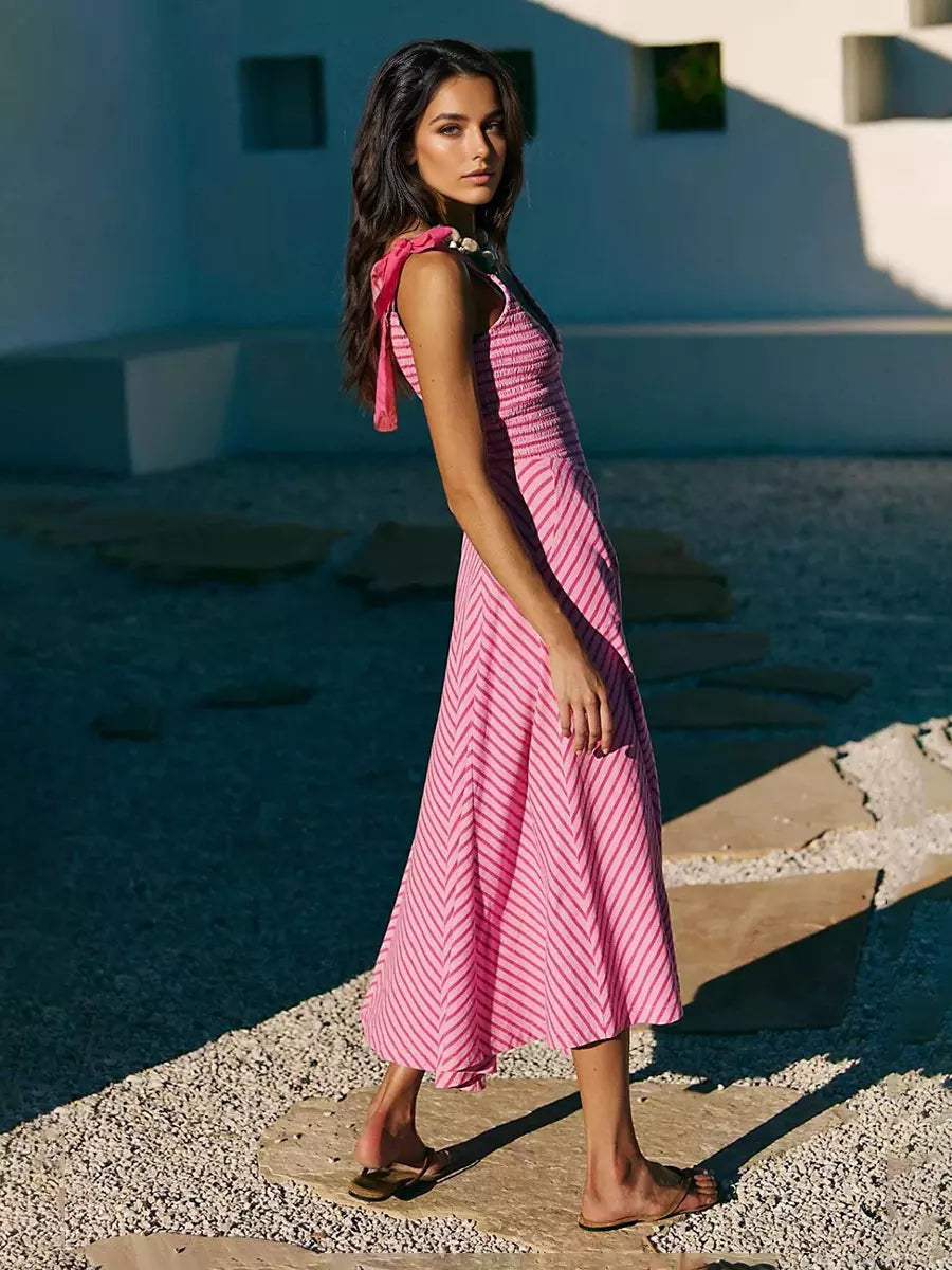 Bohemian Bows Design Polyester Striped V-Neck Long Maxi Dress