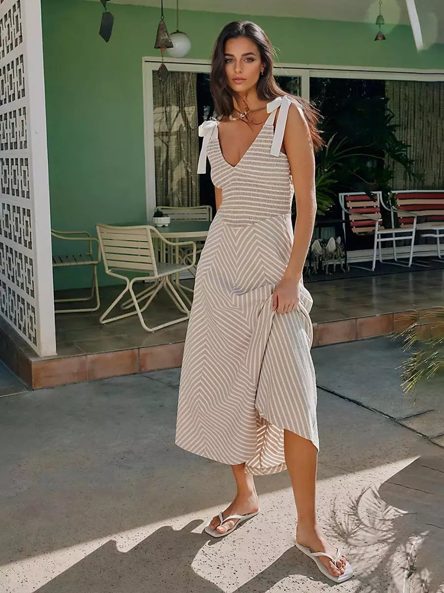 Bohemian Bows Design Polyester Striped V-Neck Long Maxi Dress