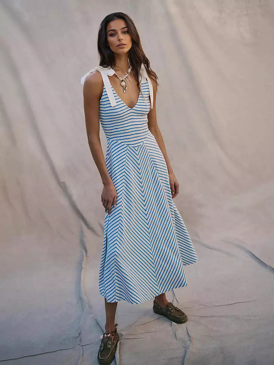 Bohemian Bows Design Polyester Striped V-Neck Long Maxi Dress