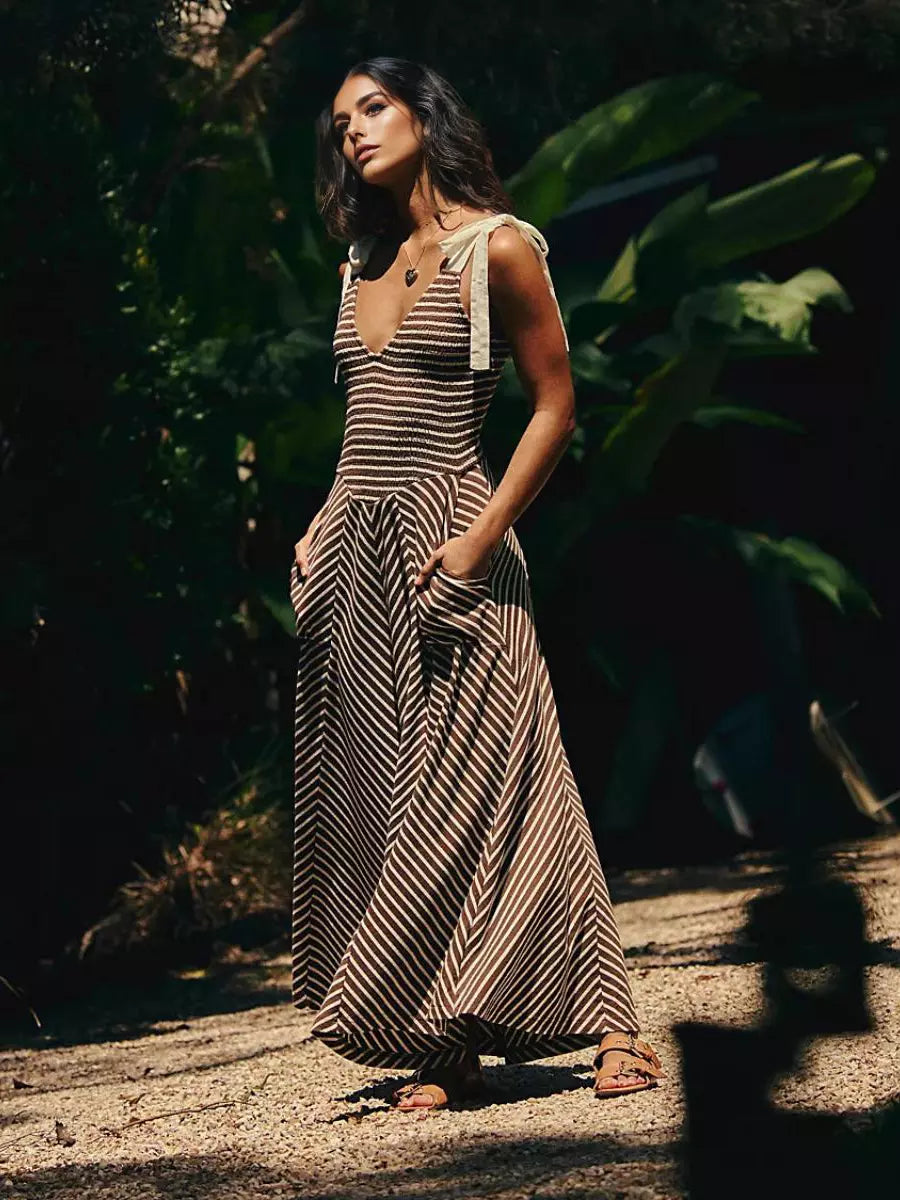 Bohemian Bows Design Polyester Striped V-Neck Long Maxi Dress