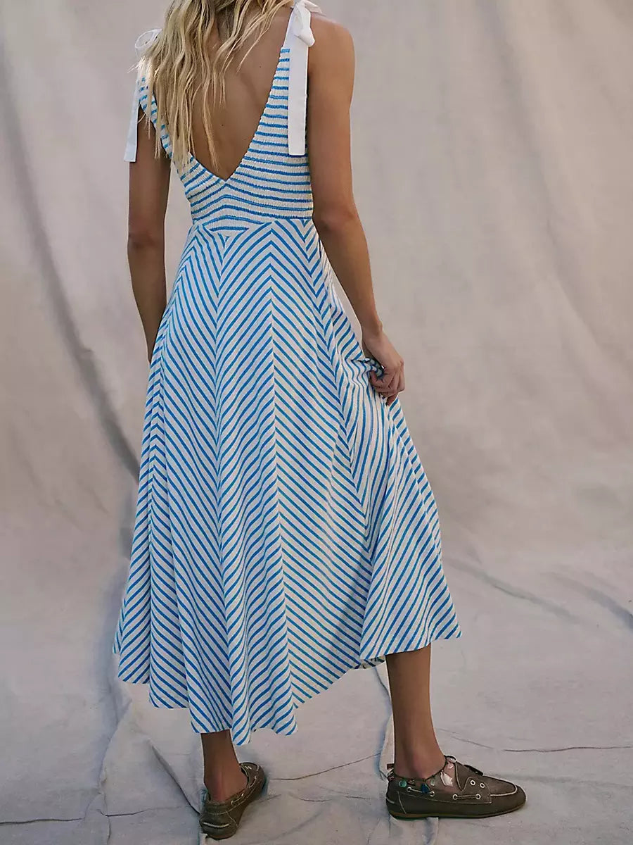 Bohemian Bows Design Polyester Striped V-Neck Long Maxi Dress
