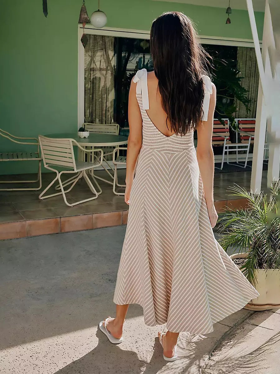 Bohemian Bows Design Polyester Striped V-Neck Long Maxi Dress