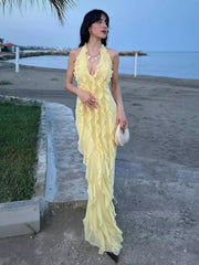Bohemian Butter Halter Neck Ruffled Events Maxi Dress