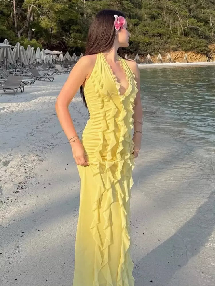 Bohemian Butter Halter Neck Ruffled Events Maxi Dress