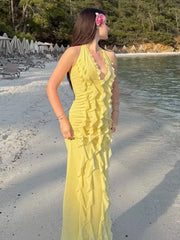 Bohemian Butter Halter Neck Ruffled Events Maxi Dress