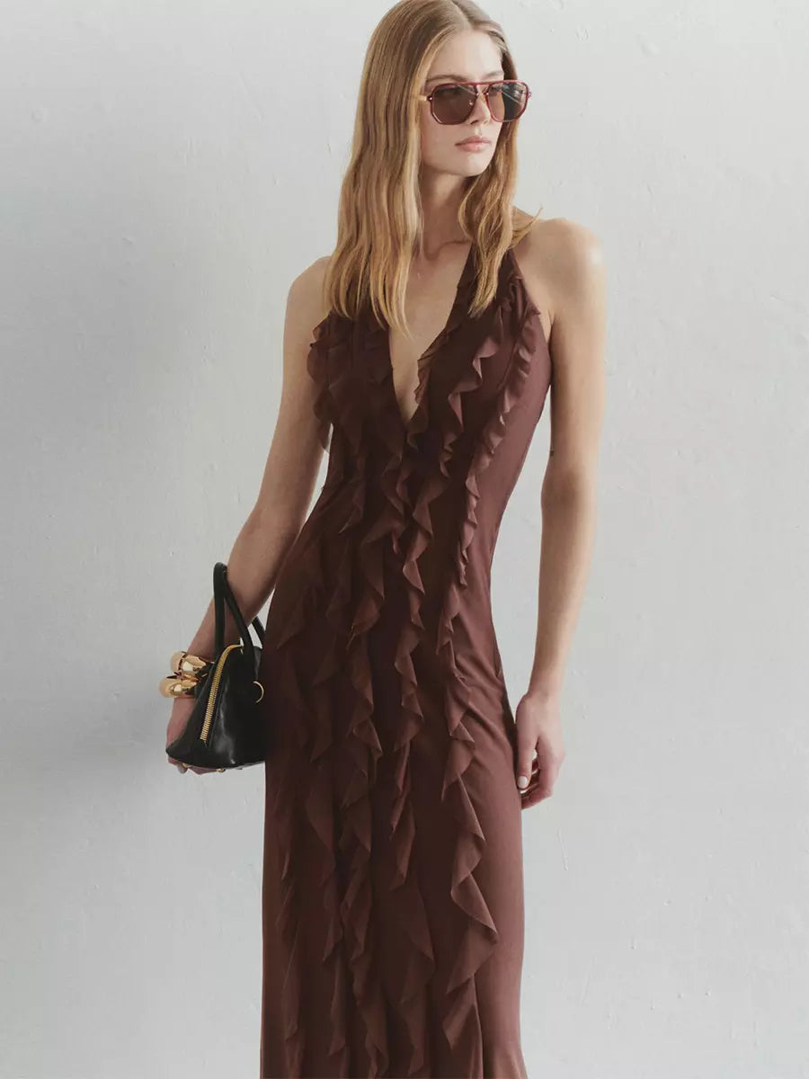 Bohemian Butter Halter Neck Ruffled Events Maxi Dress