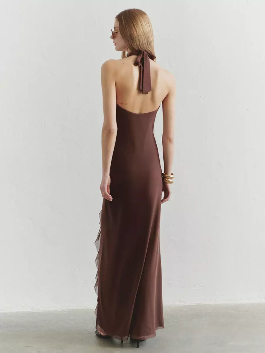Bohemian Butter Halter Neck Ruffled Events Maxi Dress
