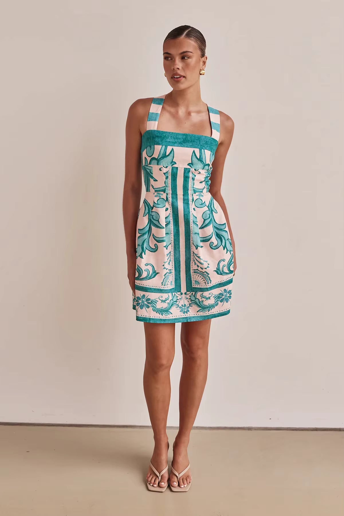 Bohemian Color Blocked Printed Bohemian Elastic Waist Loose Mini Dress