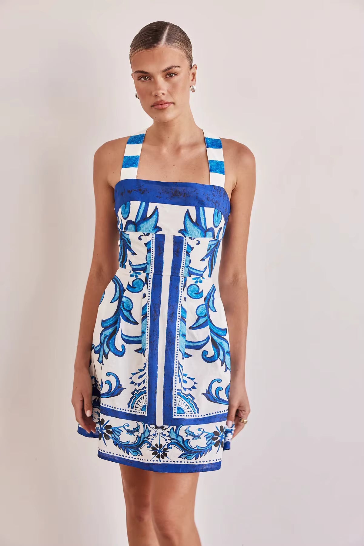 Bohemian Color Blocked Printed Bohemian Elastic Waist Loose Mini Dress