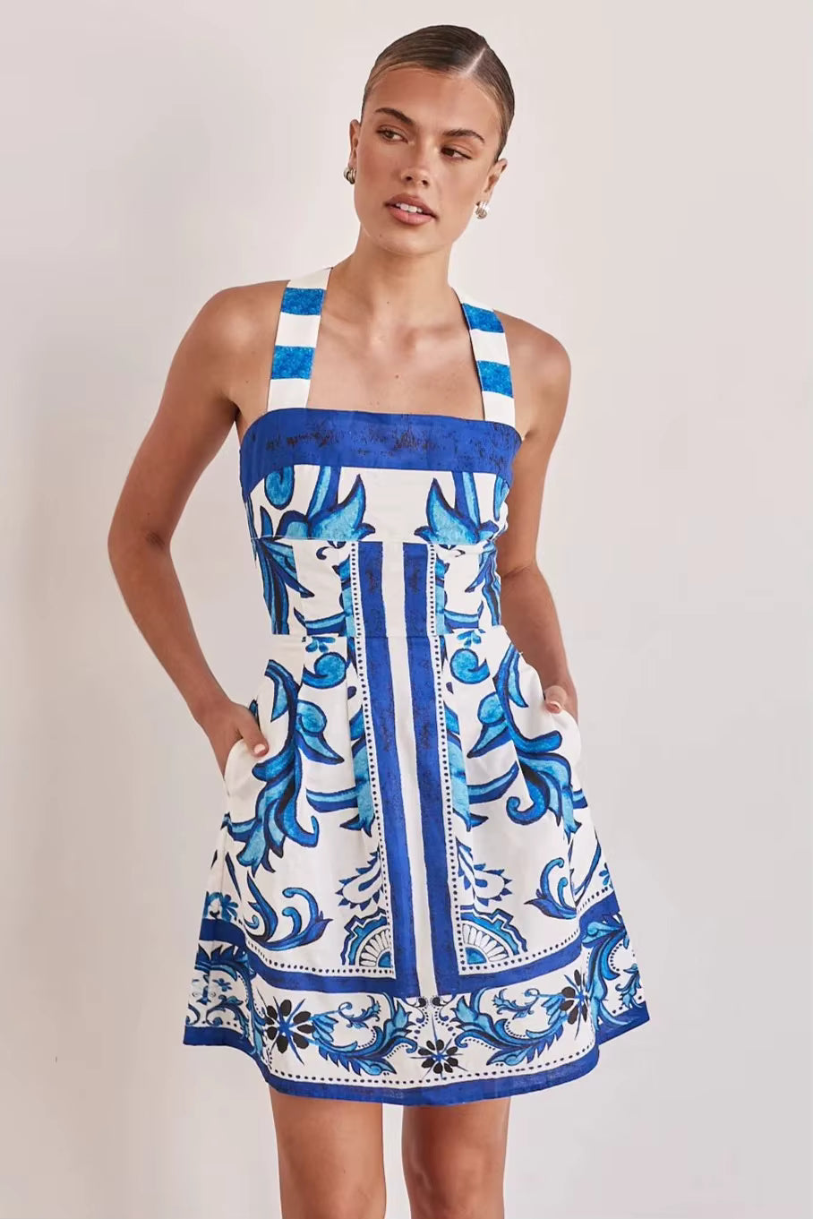 Bohemian Color Blocked Printed Bohemian Elastic Waist Loose Mini Dress