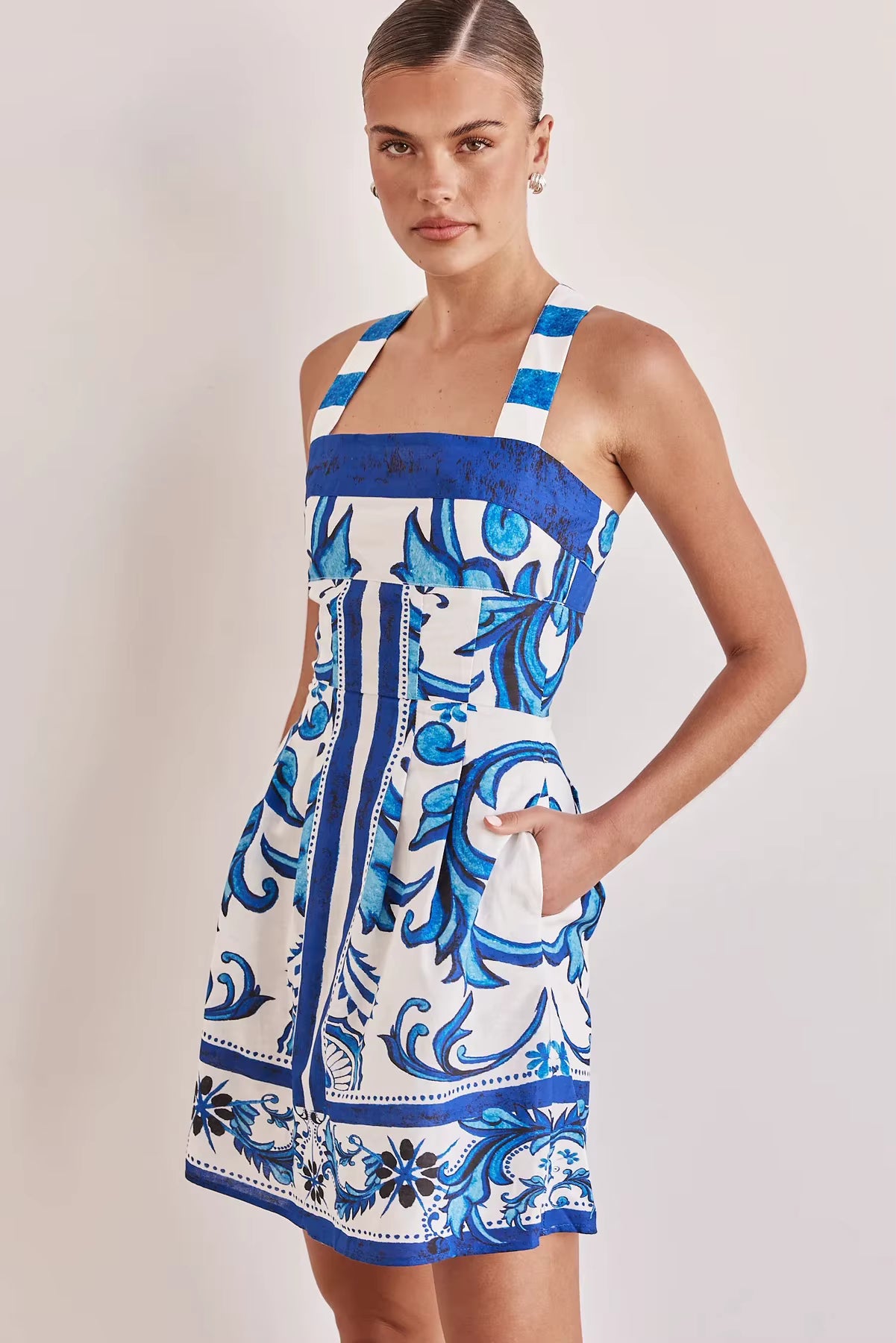 Bohemian Color Blocked Printed Bohemian Elastic Waist Loose Mini Dress