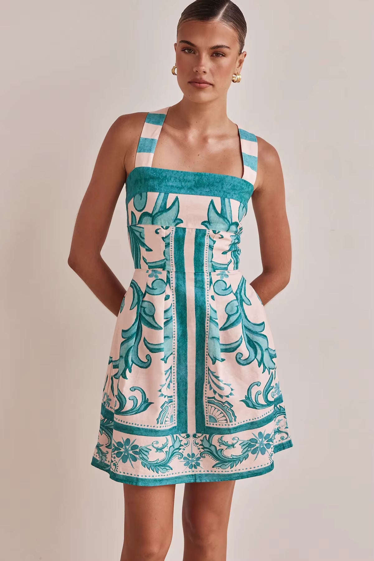 Bohemian Color Blocked Printed Bohemian Elastic Waist Loose Mini Dress
