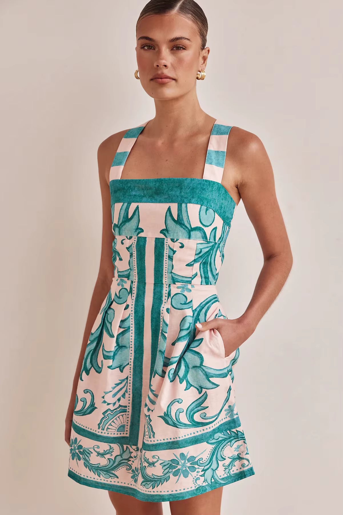 Bohemian Color Blocked Printed Bohemian Elastic Waist Loose Mini Dress