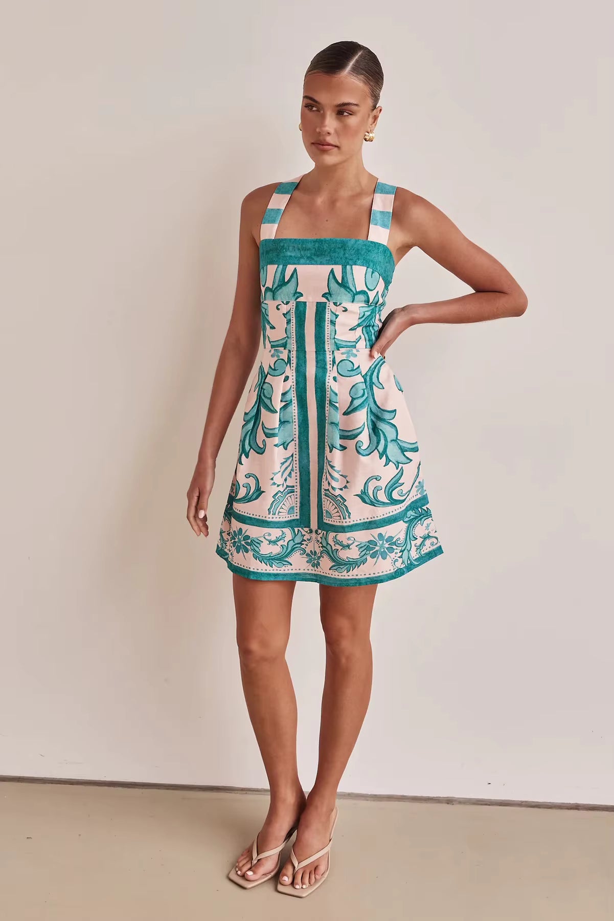 Bohemian Color Blocked Printed Bohemian Elastic Waist Loose Mini Dress