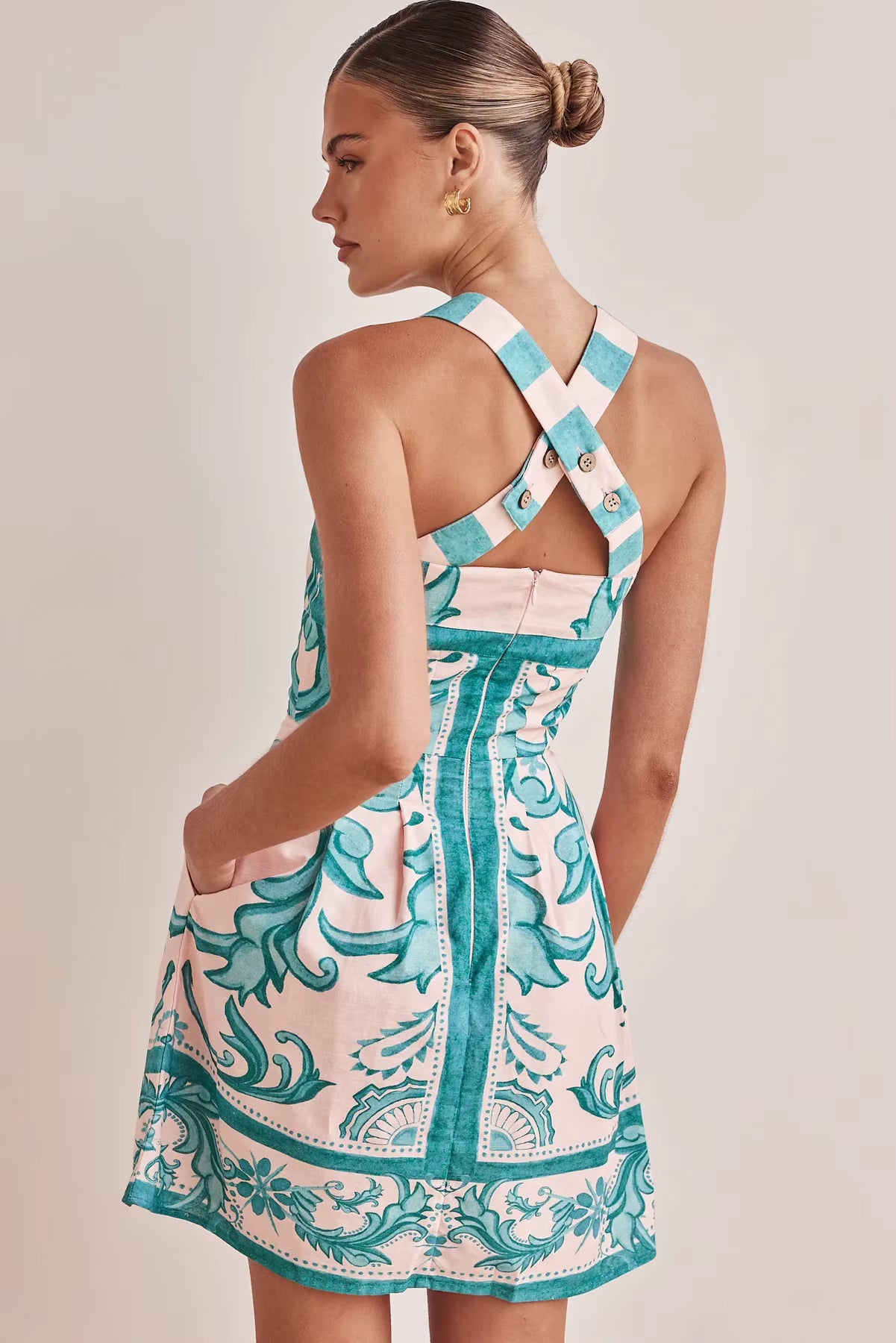 Bohemian Color Blocked Printed Bohemian Elastic Waist Loose Mini Dress