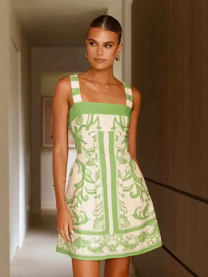 Bohemian Color Blocked Printed Bohemian Elastic Waist Loose Mini Dress