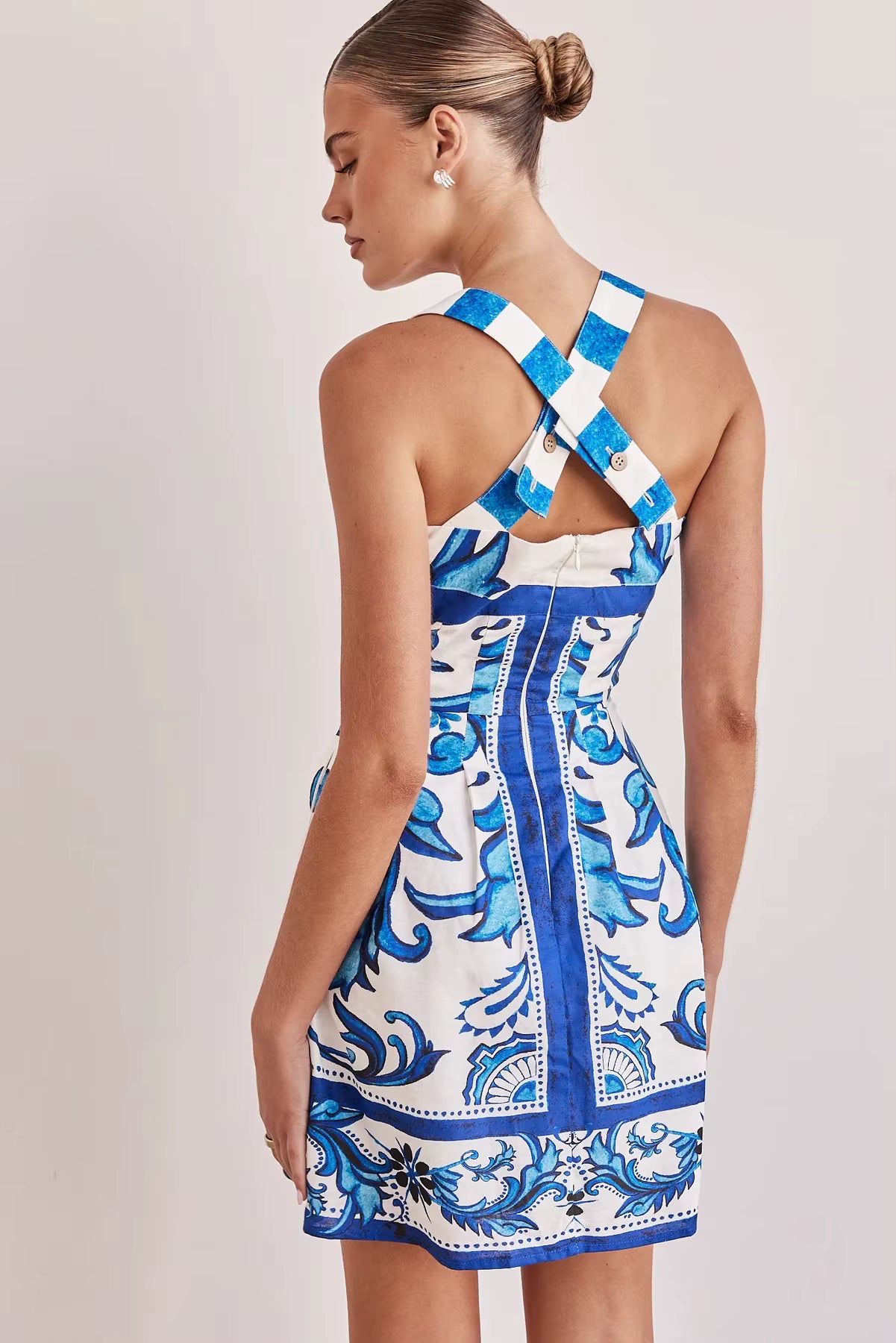 Bohemian Color Blocked Printed Bohemian Elastic Waist Loose Mini Dress