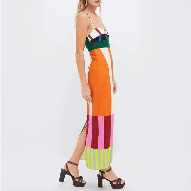 Bohemian Contrast Striped Print Strap V-Neck Backless Hollow Split Maxi Dress