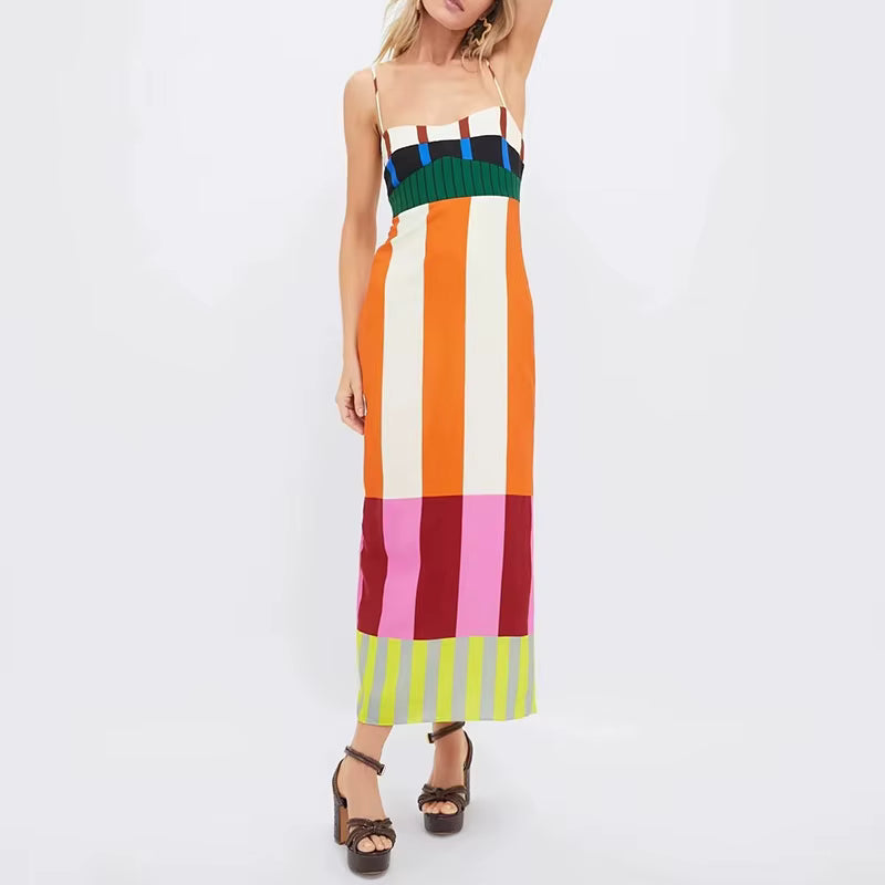 Bohemian Contrast Striped Print Strap V-Neck Backless Hollow Split Maxi Dress